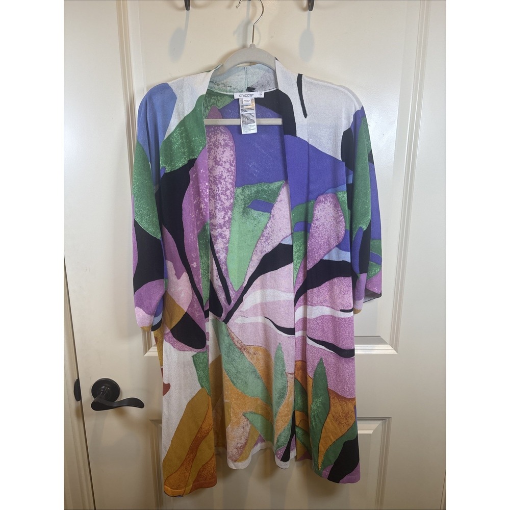 Chicos Size 2 Large Tropical Floral Open Front Knit Cardigan Artsy Boho Resort